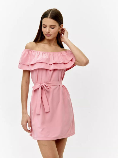 Damen Ein-Schulter Kleid mit voluminösem Rüschensaum und taillierbarem Gürtel Heidi-Mode