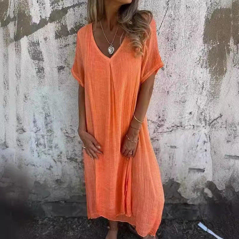 Damen luftiges V-Ausschnittkleid aus leichtem Stoff mit schwingendem Saum Heidi-Mode