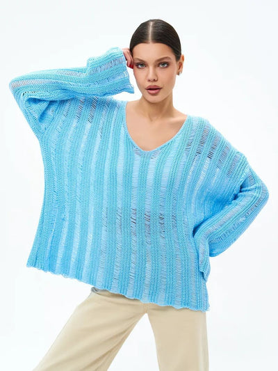 Damen Übergröße Pullover aus leichtem Strickmaterial mit raffiniertem Lochmuster Heidi-Mode