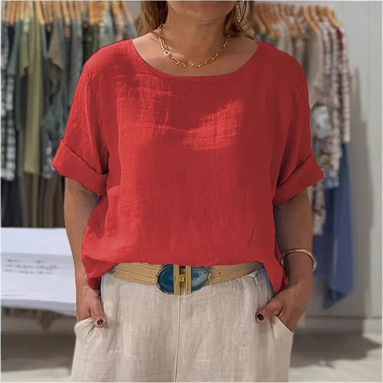 Damen lässige Leinenbluse mit umschlagbaren Ärmeln und elegantem Rundhalsausschnitt Heidi-Mode