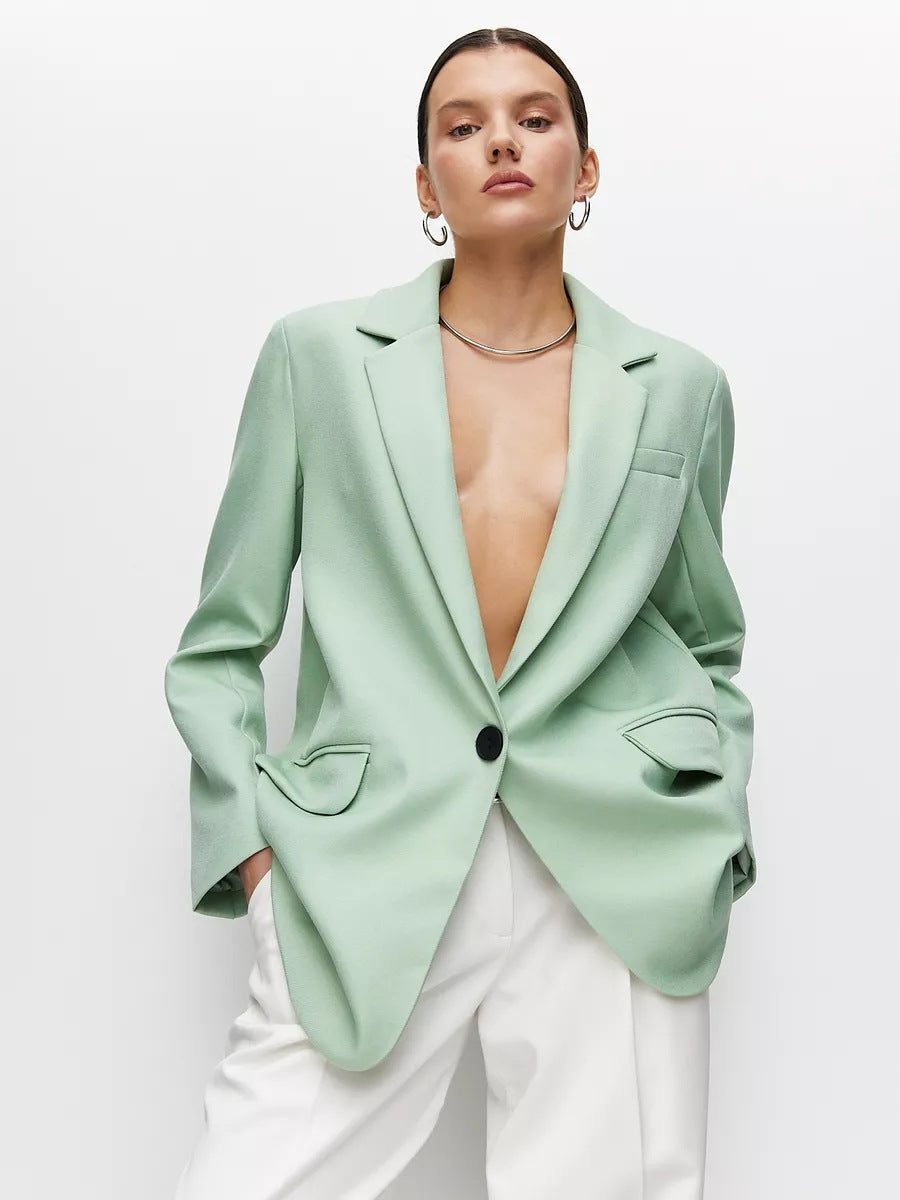 Damen eleganter Oversized Blazer mit feiner Textur und minimalistischer Knopfleiste Heidi-Mode