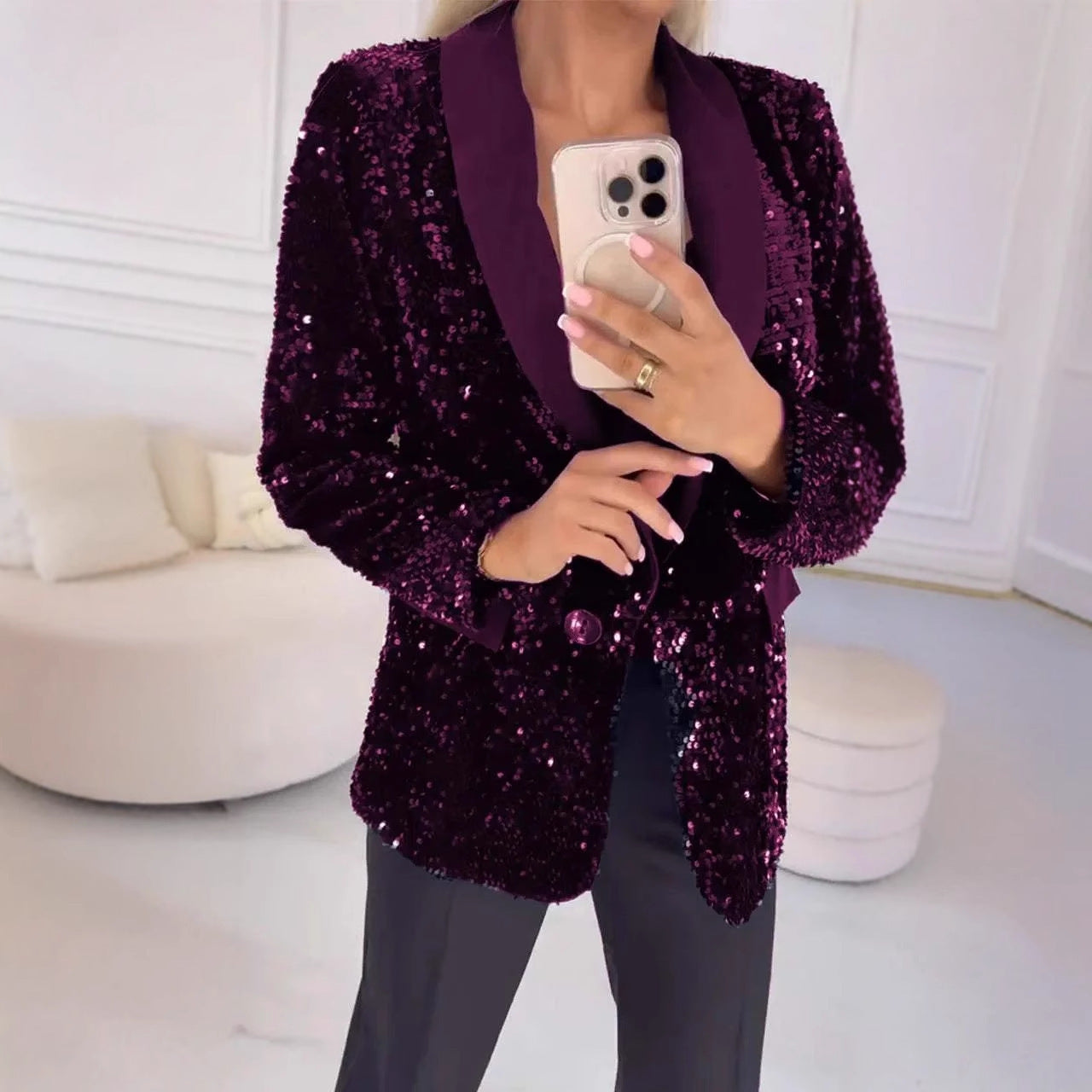 Damen eleganter Pailletten Blazer mit schimmerndem Revers Heidi-Mode
