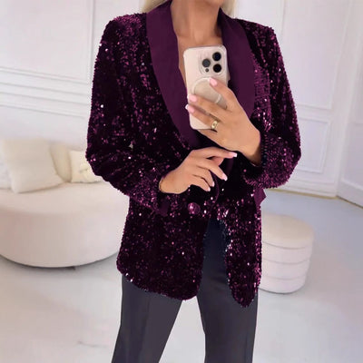 Damen eleganter Pailletten Blazer mit schimmerndem Revers Heidi-Mode