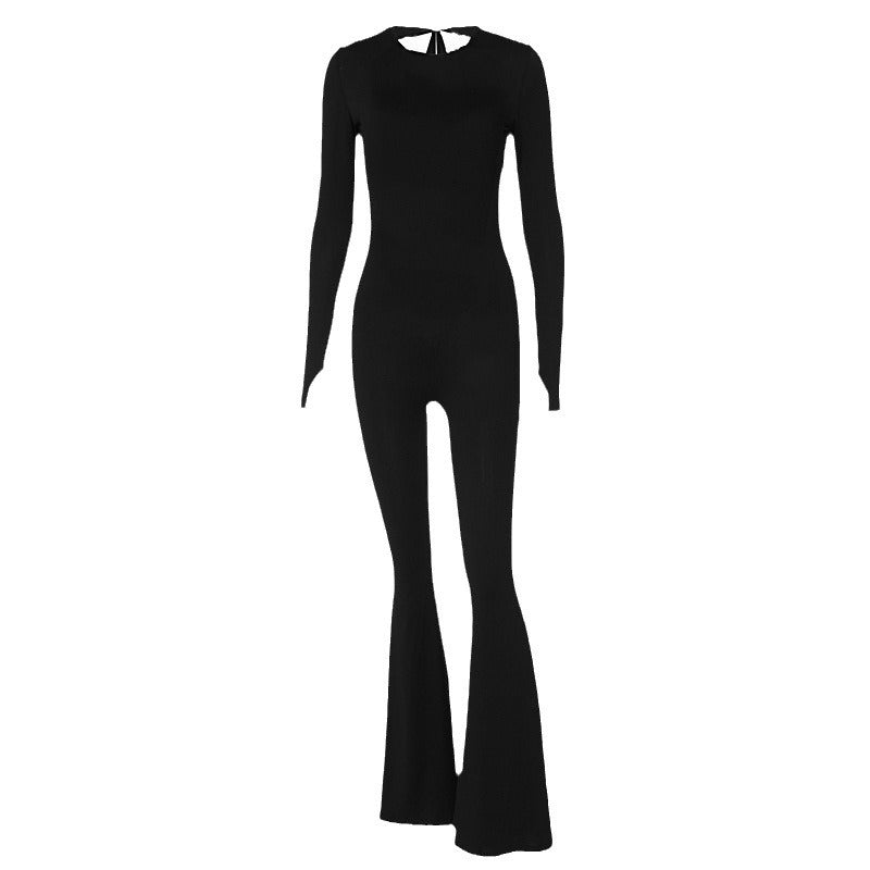 Damen Langarm Jumpsuit mit offenem Rücken und Krawattenverschluss Heidi-Mode