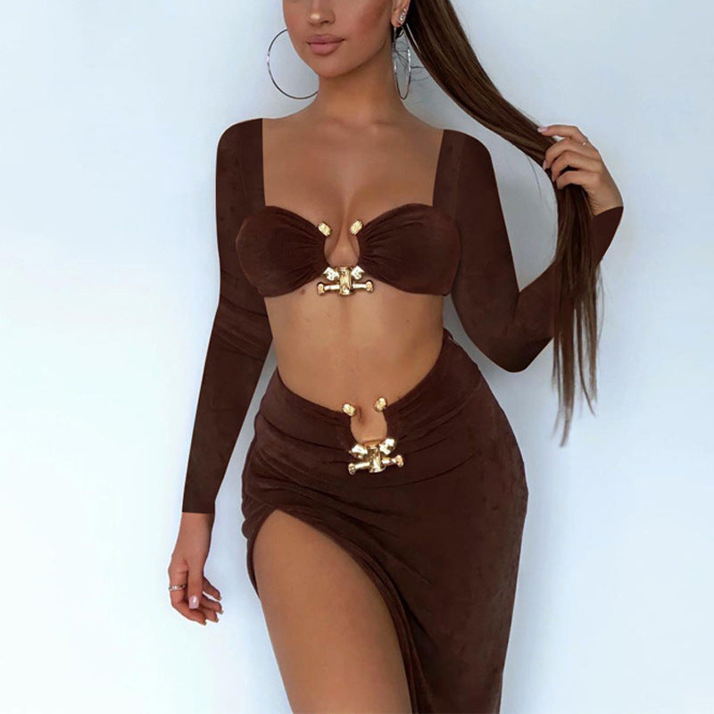 Damen Crop-Top mit langen Ärmeln und dekorativem Clipp-Verschluss Heidi-Mode