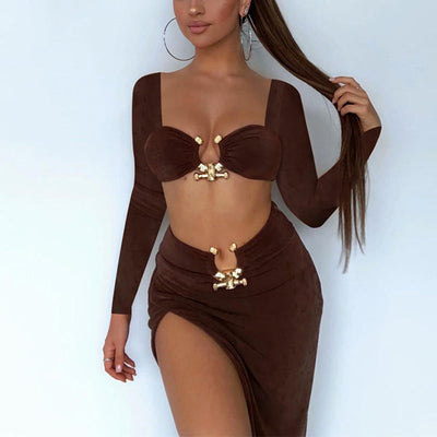 Damen Crop-Top mit langen Ärmeln und dekorativem Clipp-Verschluss Heidi-Mode