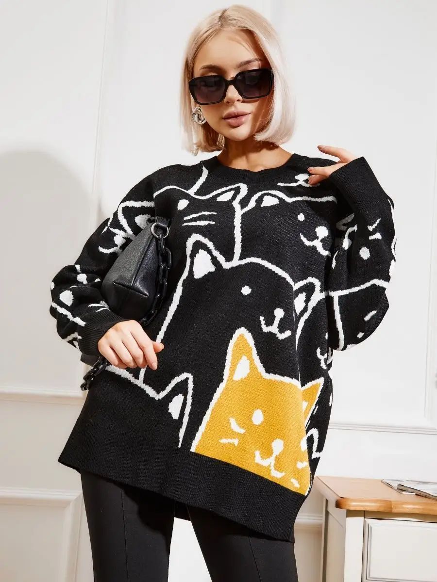 Damen stylischer Pullover mit Katzenmotiv und lässigem Schnitt Heidi-Mode