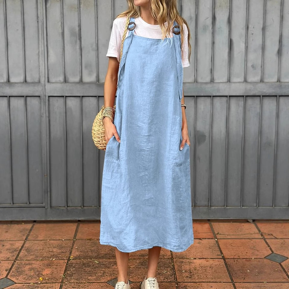Damen Lässiges Leinenkleid mit praktischen Trägerdetails und großen Taschen Heidi-Mode