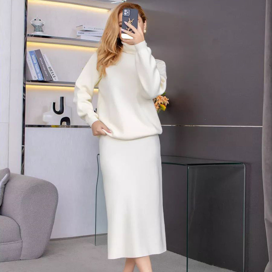 Damen Set aus Pullover und Rock mit hohem Kragen und eleganten Seitenschlitzen Heidi-Mode