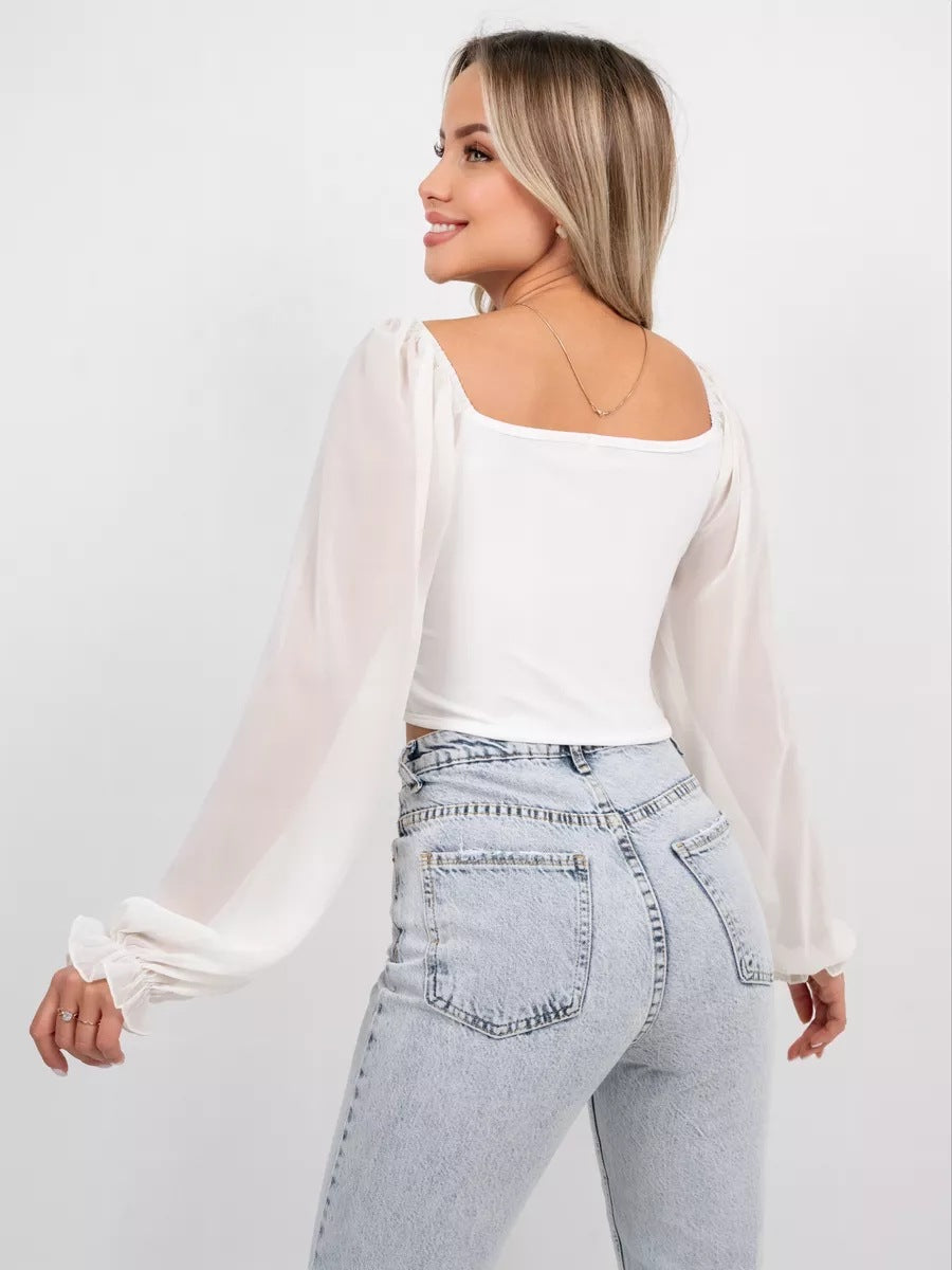 Damen Bluse mit Puffärmeln aus chiffonähnlichem Stoff und quadratischem Ausschnitt Heidi-Mode