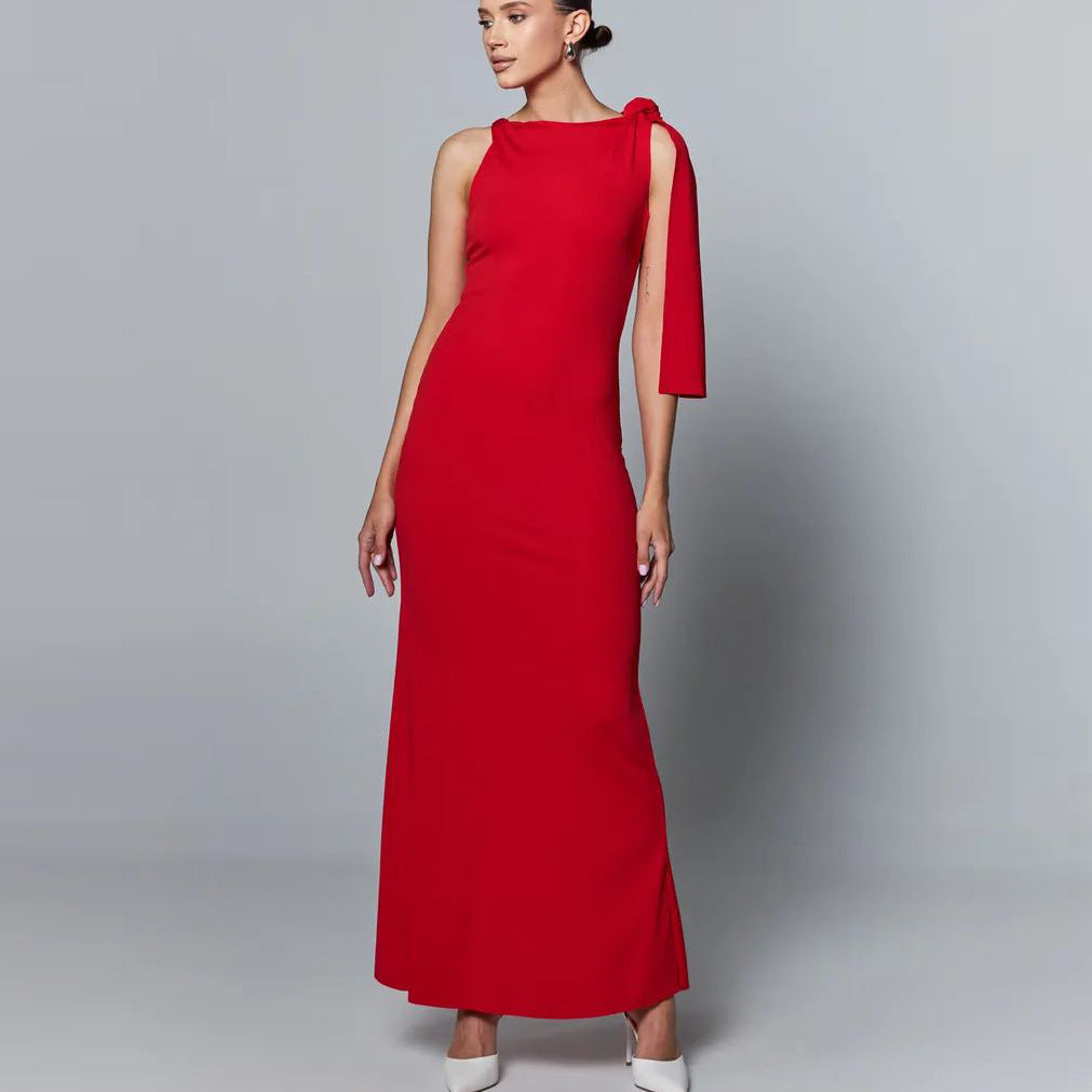 Damen Elegantes langes Kleid mit asymmetrischem Ärmel und figurbetontem Schnitt Heidi-Mode