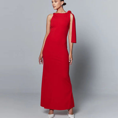 Damen Elegantes langes Kleid mit asymmetrischem Ärmel und figurbetontem Schnitt Heidi-Mode