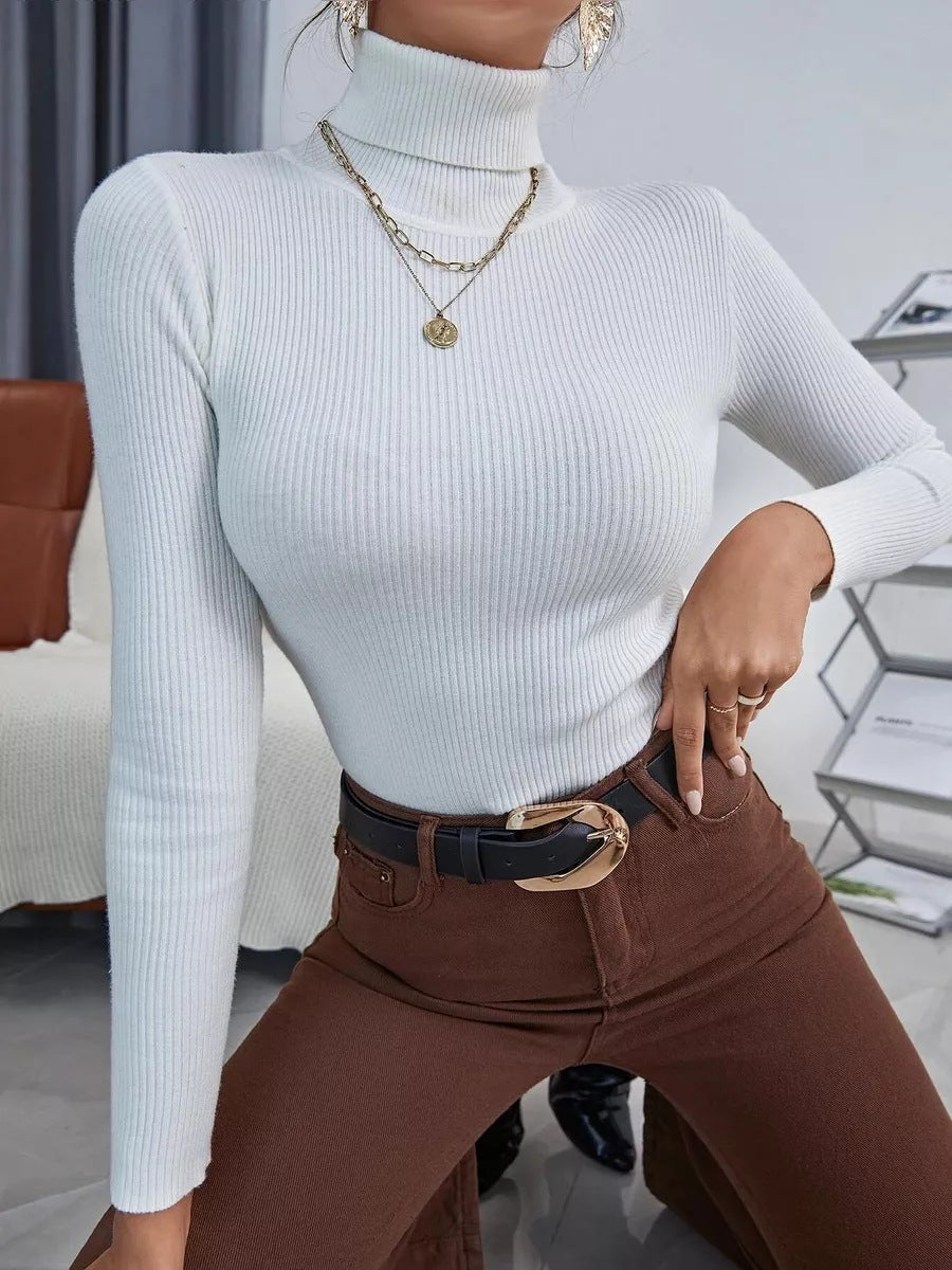 Damen figurbetontes Langarmoberteil mit hohen Kragen und feiner Rippstruktur Heidi-Mode