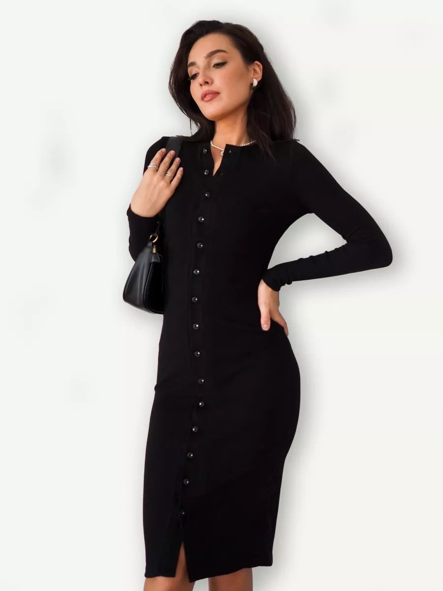 Damen figurbetontes Midi-Kleid mit Knopfleiste und elegantem V-Ausschnitt Heidi-Mode