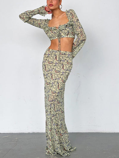 Damen feminines Blumenmuster-Kleid im Set mit langem Rock und Rüschendetails Heidi-Mode