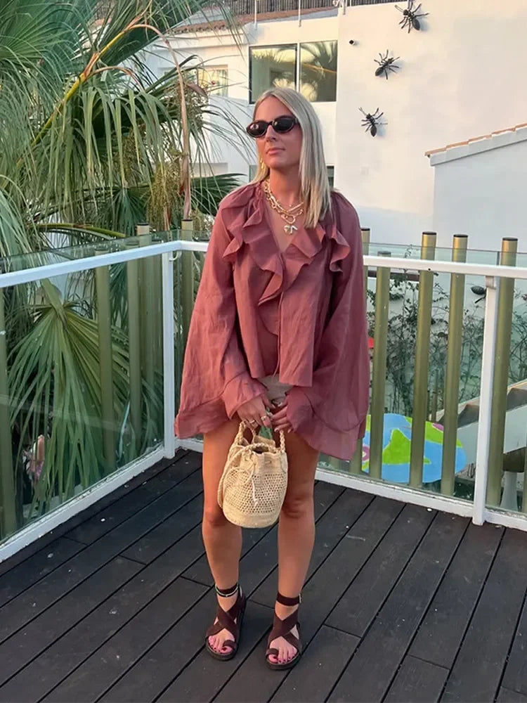 Transparente Volantbluse in Braun – Feminin, Elegant & Ausdrucksstark