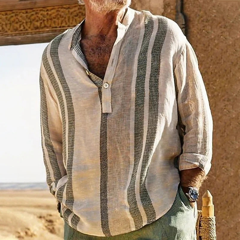 Yano - Herren Langarm Vintage Leinenhemd mit Stickerei