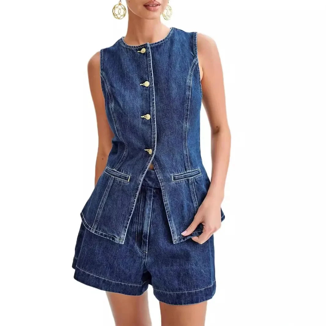 Elena | Stylisches Denim-Zweiteiler-Set mit Weste & Shorts