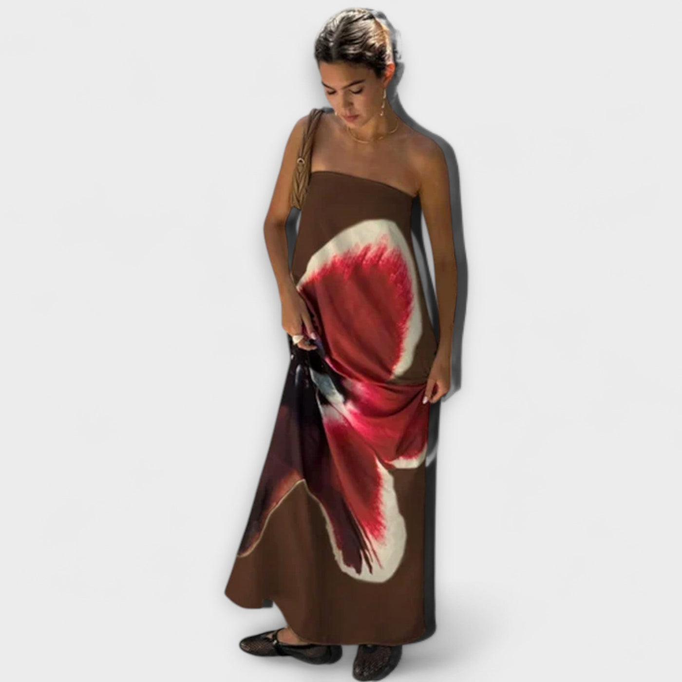 Elegantes schulterfreies ärmelloses Maxikleid