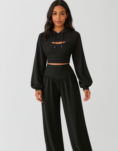 Damen 3-teiliges Set – Kapuzenpullover, Tanktop mit Knoten & High-Waist-Yogahose