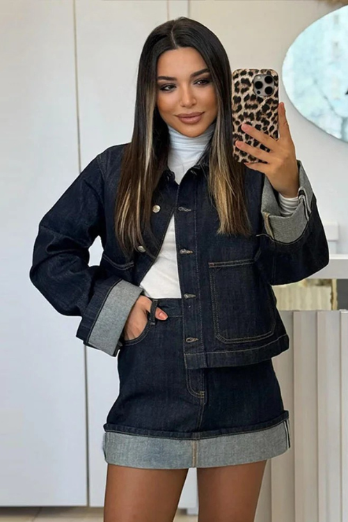 Damen-Denim-Set – Cropped Jeansjacke & High-Waist Minirock mit Umschlag