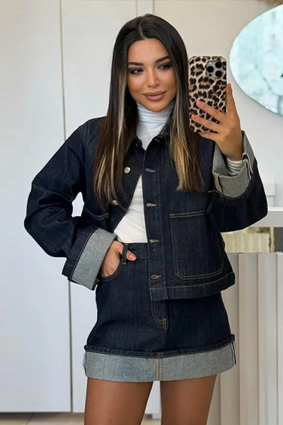 Damen-Denim-Set – Cropped Jeansjacke & High-Waist Minirock mit Umschlag