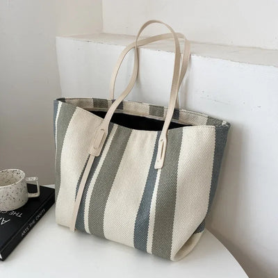Strohtasche Damen – Große Raffia Strandtasche gestreift mit Reißverschluss
