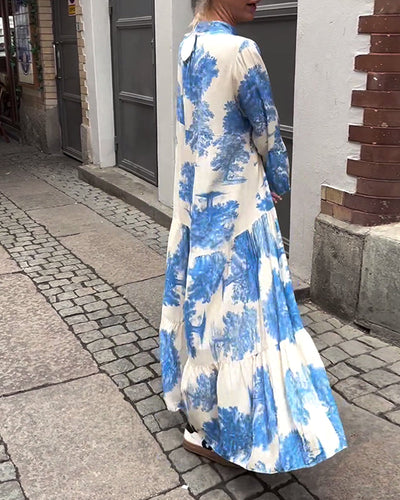 Maxikleid mit Print, Volantärmeln & Stehkragen – Stilvoll & Luftig