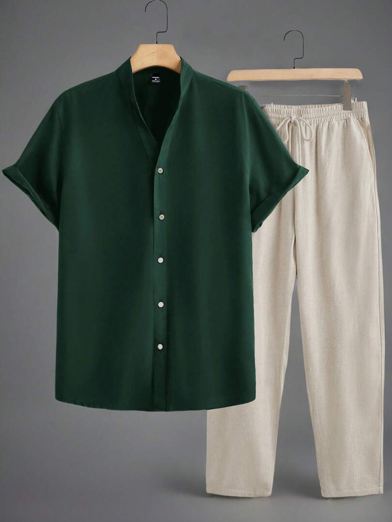 Minimalistisches Herren-Set | Kurzarmhemd mit Stehkragen & Hose