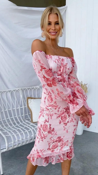 Romantisches Off-Shoulder Bodycon Kleid mit Blumenprint – Figurbetontes Midikleid in Rosa für Sommer & Events