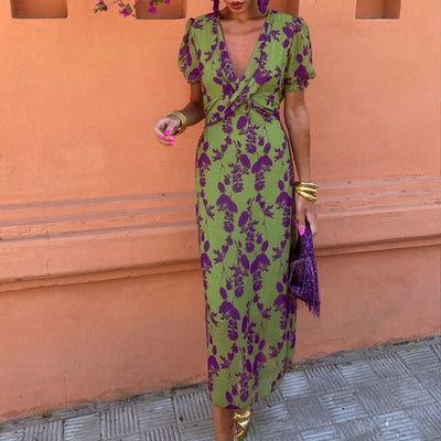 Betty – Langes elegantes Slim V-Ausschnitt Kleid mit Farbkontrast und kurzen Ärmeln