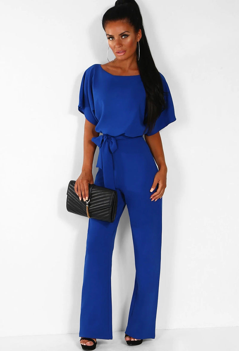 Damen Jumpsuit mit weitem Bein und Bindegürtel – Eleganter Einteiler für Büro, Alltag & Events