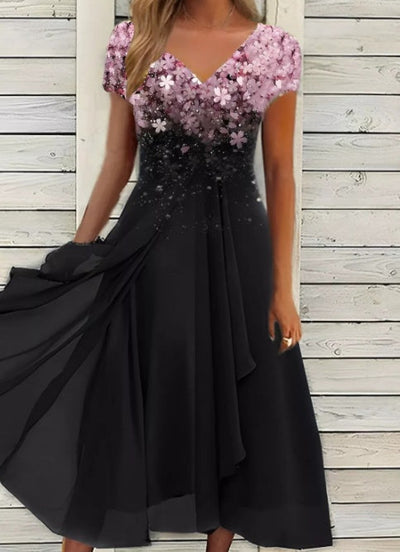 Damen Chiffon A-Linienkleid mit Blumenmuster und V-Ausschnitt – Elegantes Sommerkleid für besondere Anlässe
