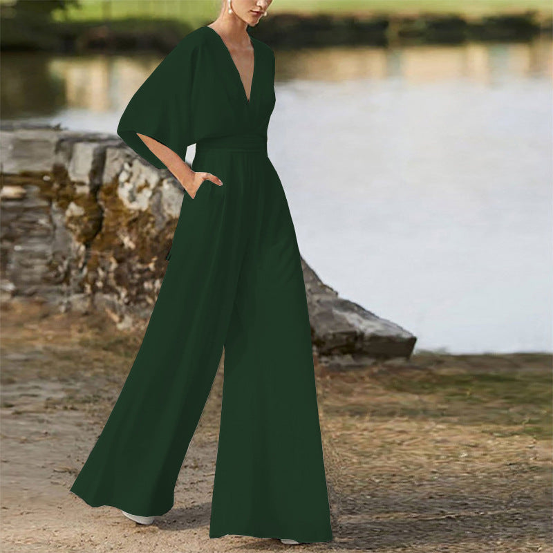 Eleganter Damen-Jumpsuit mit weitem Bein, V-Ausschnitt und halblangen Ärmeln