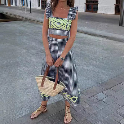 Joan – Geometrisch bedrucktes hoch tailliertes Trägerkleid mit fliegenden Ärmeln im Zweiteiler-Set