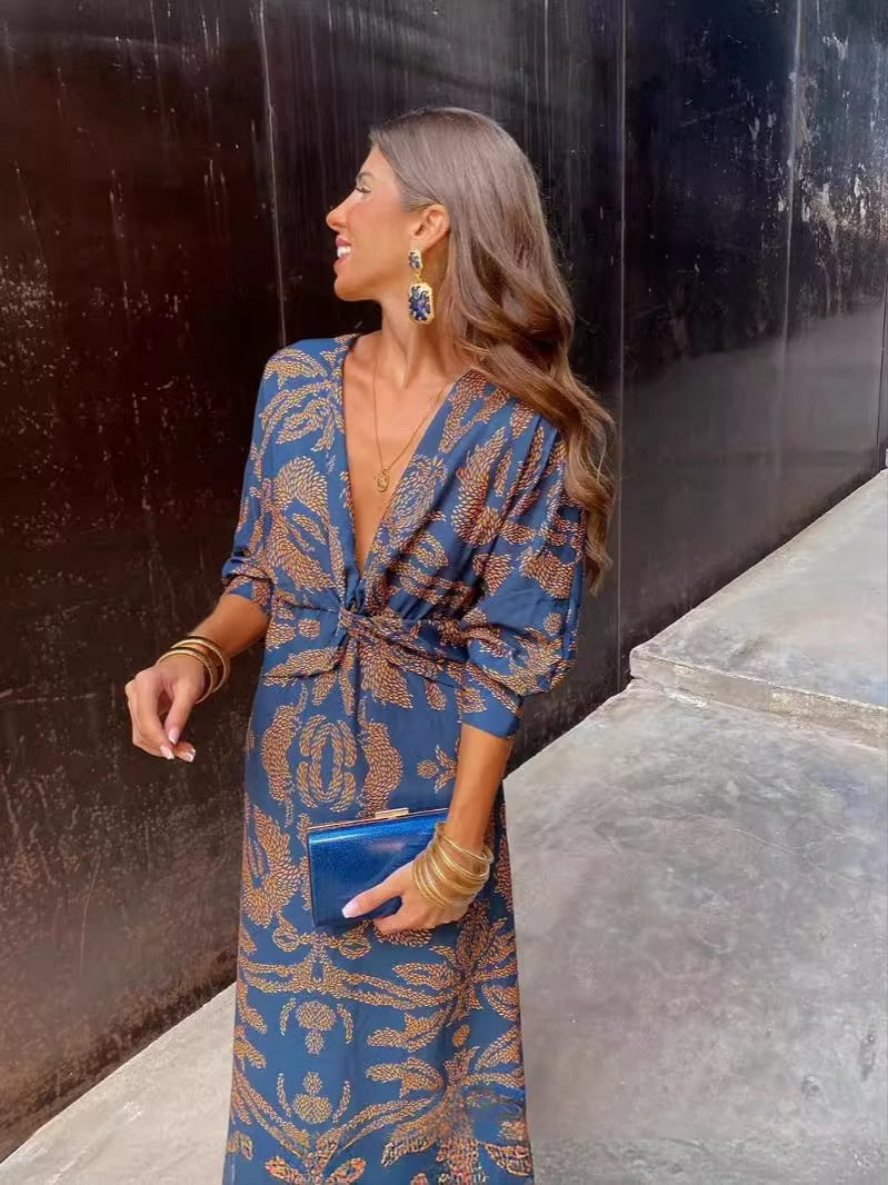 Damen Maxi-Kleid mit geometrischem Muster – Elegantes Business- und Freizeitkleid im Boho-Stil