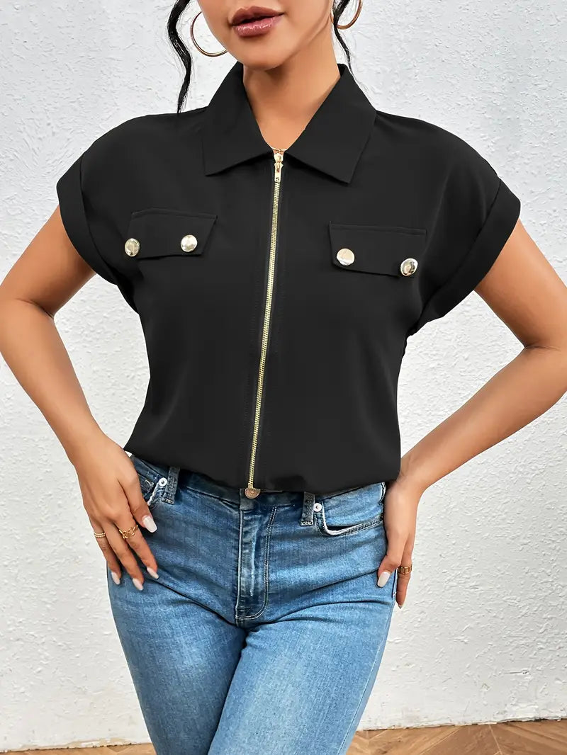 Alfano – Elegante Kurzarm Bluse Mit Reißverschluss