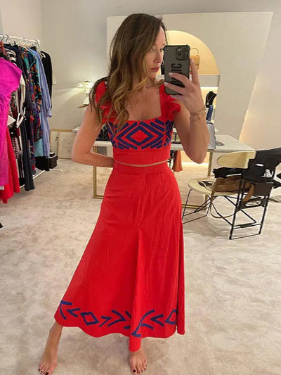 Joan – Geometrisch bedrucktes hoch tailliertes Trägerkleid mit fliegenden Ärmeln im Zweiteiler-Set