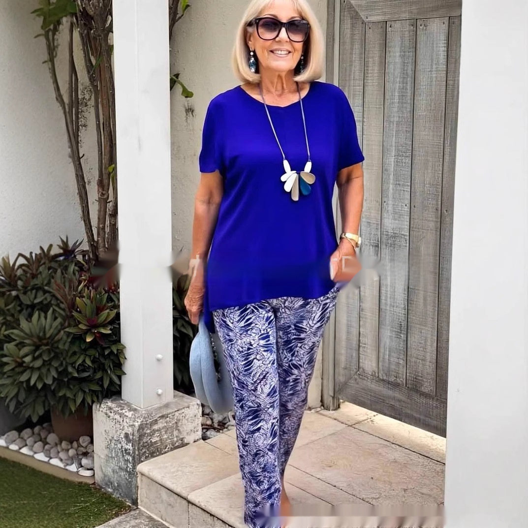 Judith – Kurzärmliges Bedrucktes Oberteil und Hose im Soliden Farbdesign