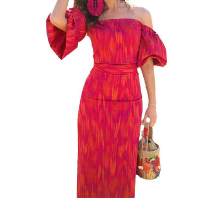 Shannon – Elegantes Bandeau-Ein-Schulter Puffärmel Top mit Midikleid-Set