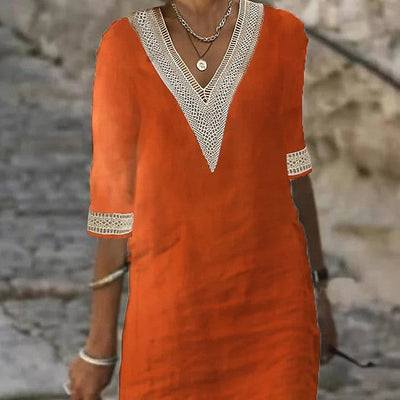 Rose – Schlichtes V-Ausschnitt Kleid mit mittellangen Ärmeln aus Baumwolle-Leinen