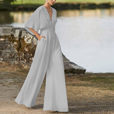 Eleganter Damen-Jumpsuit mit weitem Bein, V-Ausschnitt und halblangen Ärmeln