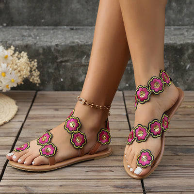 Sandra – Ethnische Stil Blumen Flache Sandalen für den Sommerurlaub