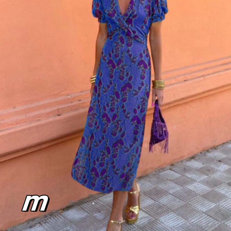 Betty – Langes elegantes Slim V-Ausschnitt Kleid mit Farbkontrast und kurzen Ärmeln