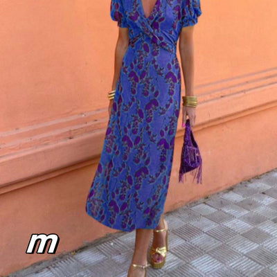 Betty – Langes elegantes Slim V-Ausschnitt Kleid mit Farbkontrast und kurzen Ärmeln