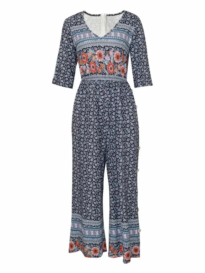 Nerina – Vintage Jumpsuit Im Boho Stil Mit Blumen Drucken