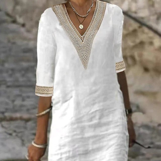 Rose – Schlichtes V-Ausschnitt Kleid mit mittellangen Ärmeln aus Baumwolle-Leinen