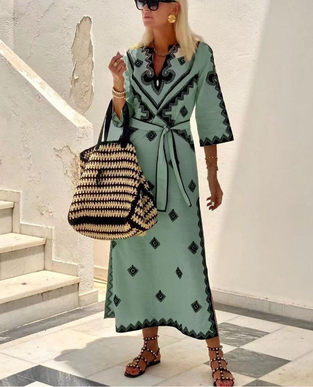 Leah – Bedrucktes Leinen Bohemian Kleid