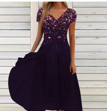 Damen Chiffon A-Linienkleid mit Blumenmuster und V-Ausschnitt – Elegantes Sommerkleid für besondere Anlässe
