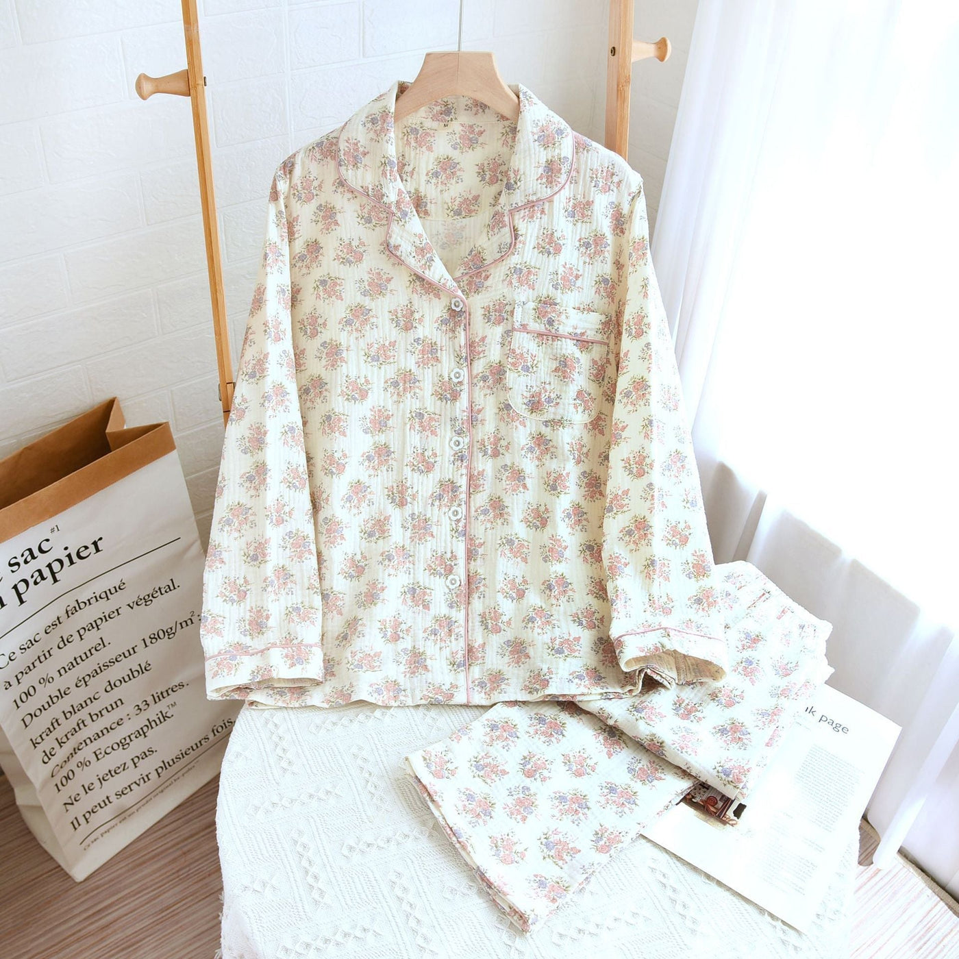 Christine – Einfaches Zweiteiliges Set aus Doppel-Layer-Garn-Crepé für Zuhause mit langen Ärmeln